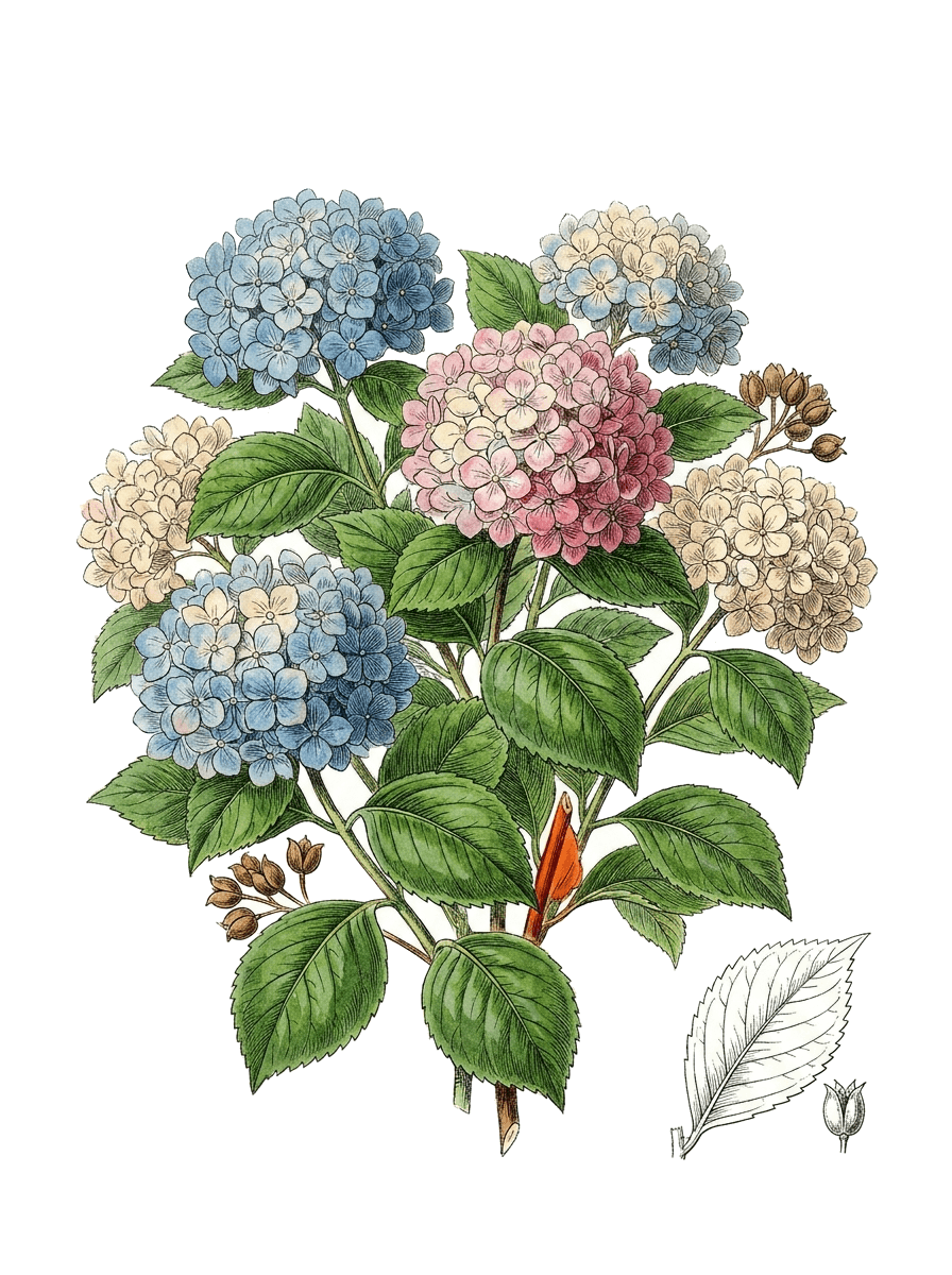 Botanical plate of Bigleaf hydrangea